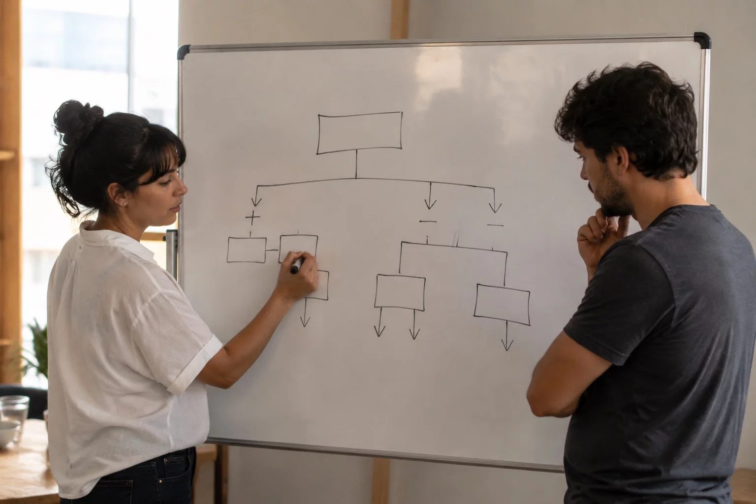 Duas pessoas diante de um quadro branco com um mapa de argumento desenhado à mão