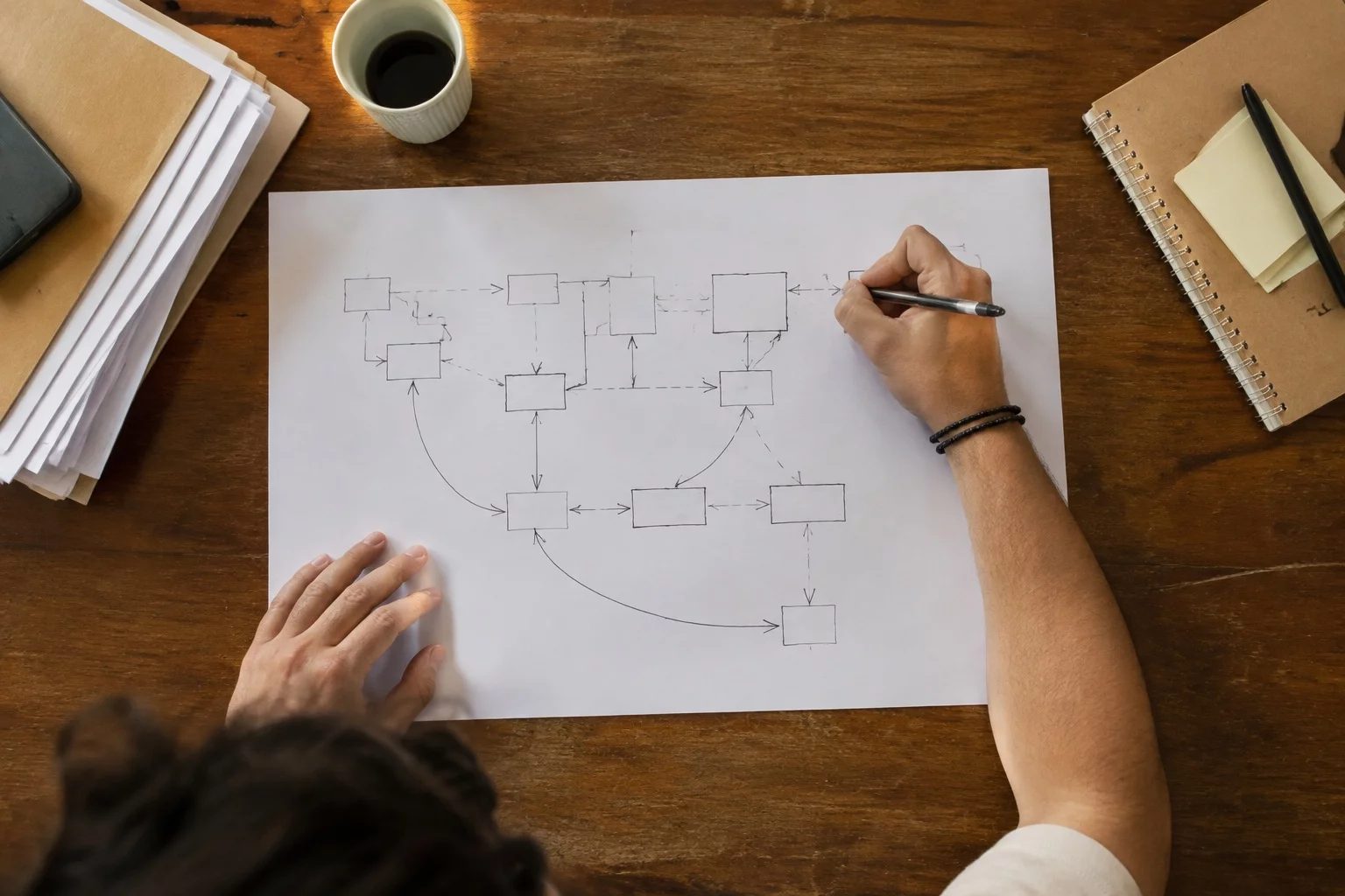 Vista de cima de uma mesa com um diagrama de lógica desenhado à mão