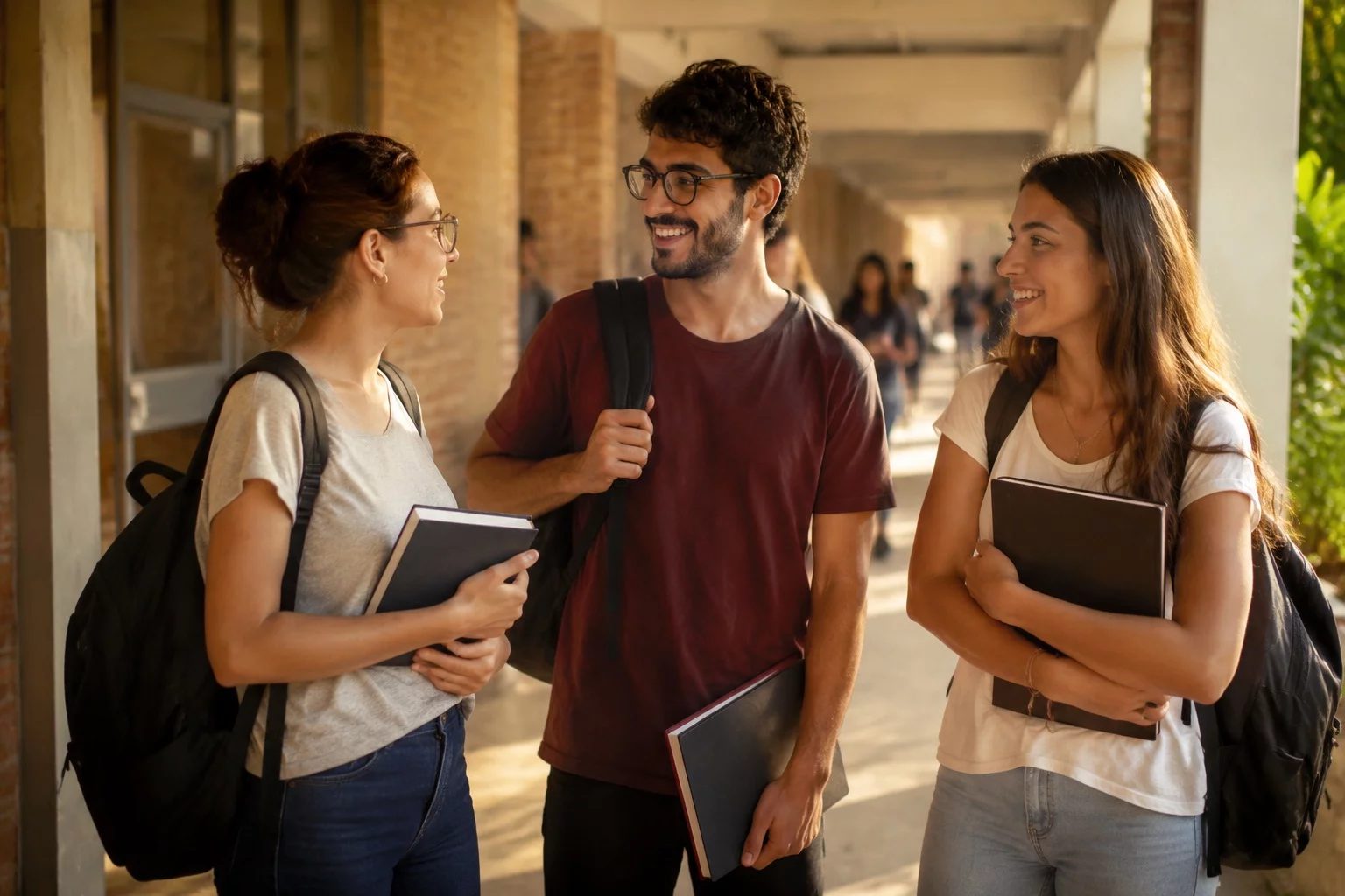 Estudantes com mochilas conversando no corredor de uma universidade