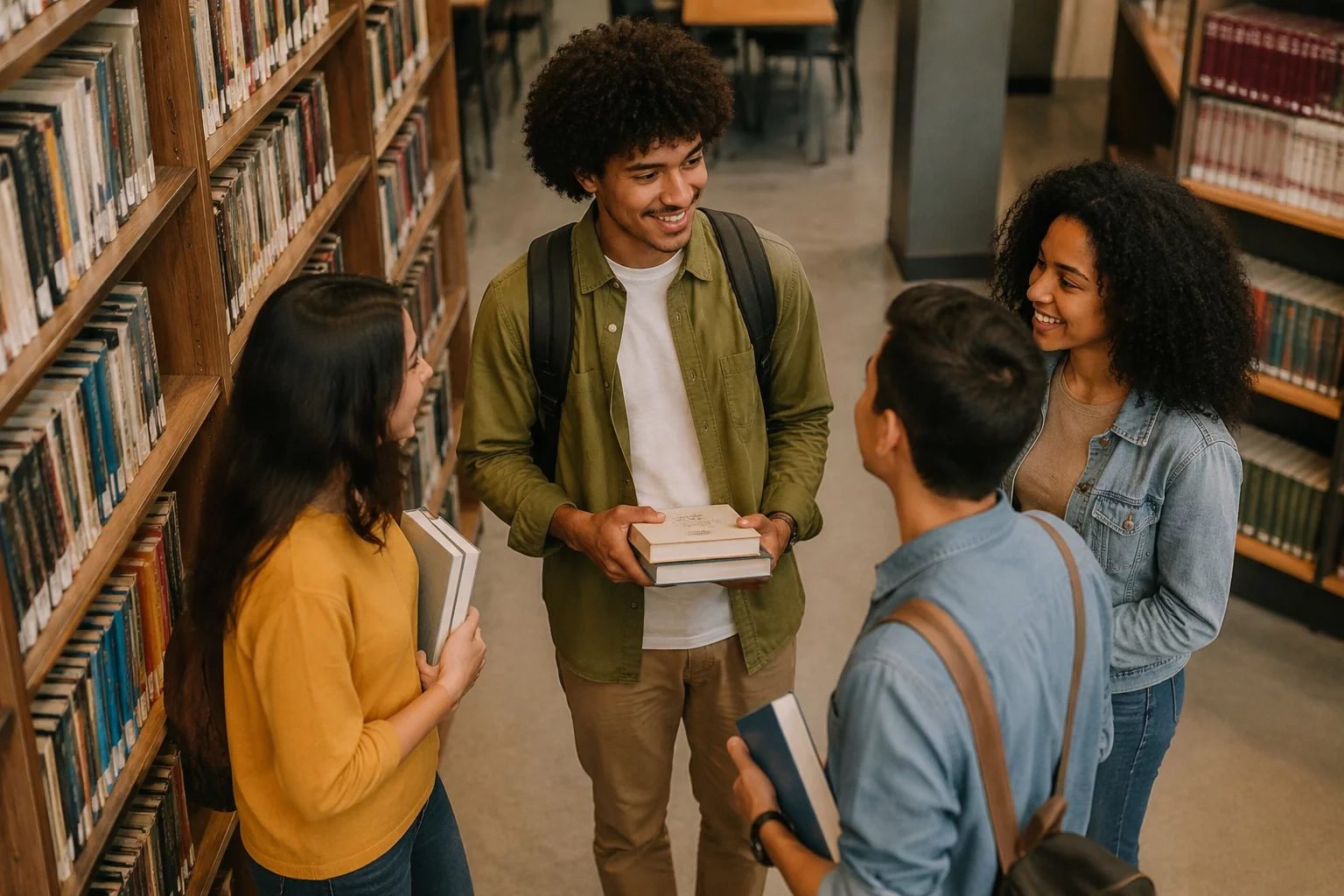 Estudantes conversando em pé entre as estantes de uma biblioteca