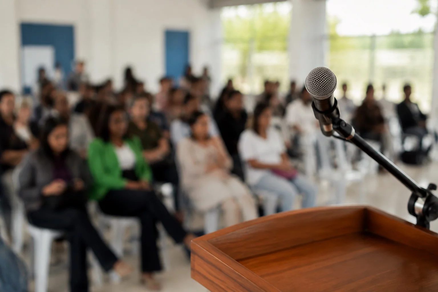 Microfone sobre uma tribuna, com a plateia sentada desfocada ao fundo