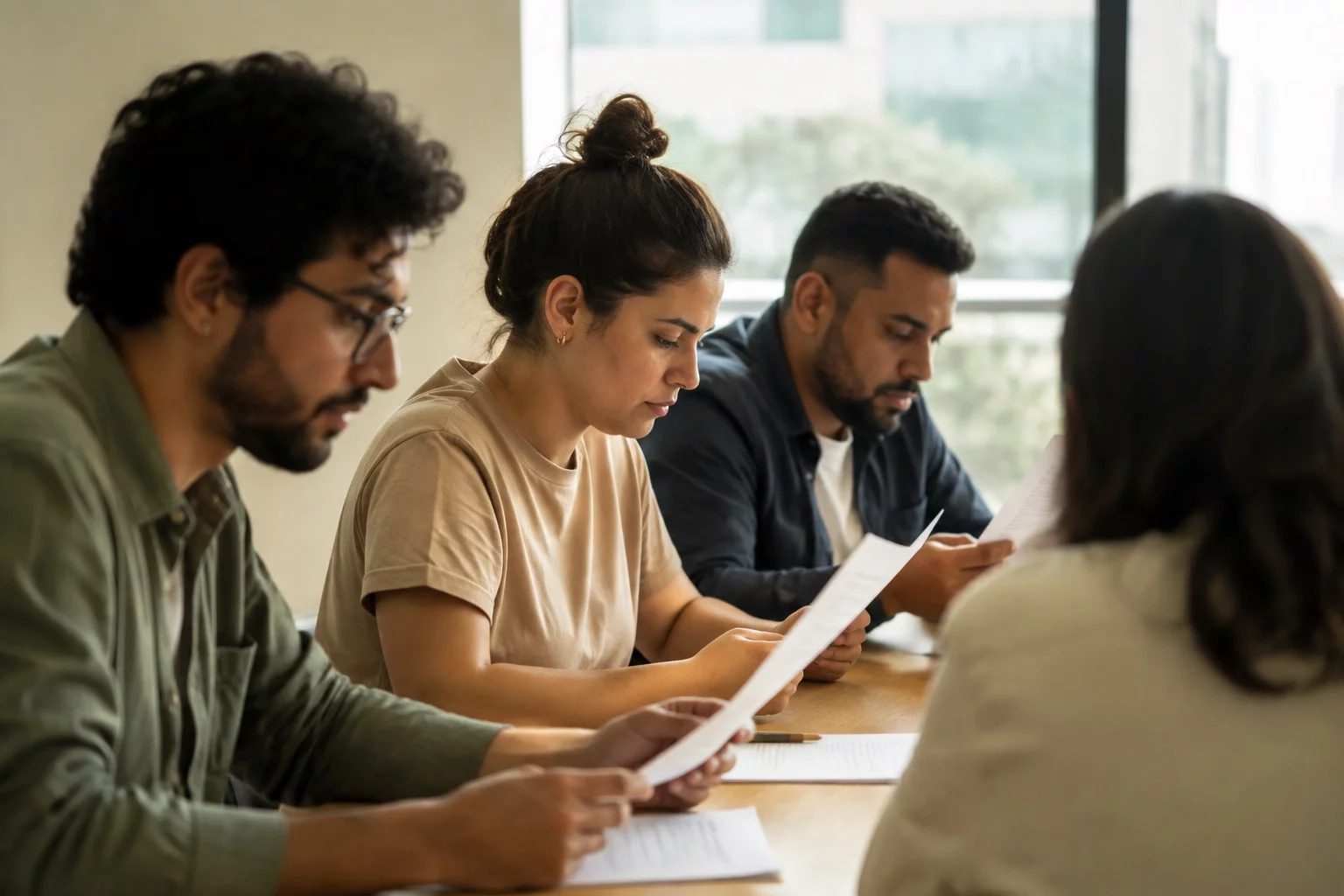 Grupo pequeno lendo páginas impressas de argumentos ao redor de uma mesa