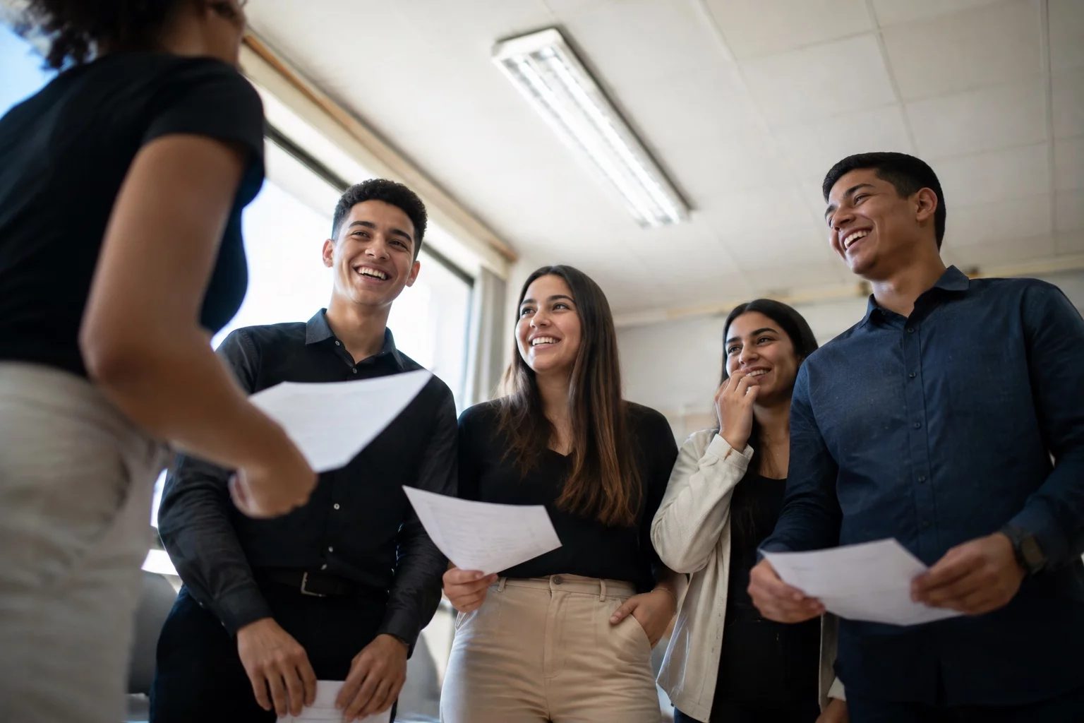 Grupo sorrindo após uma rodada de debate, com papéis nas mãos